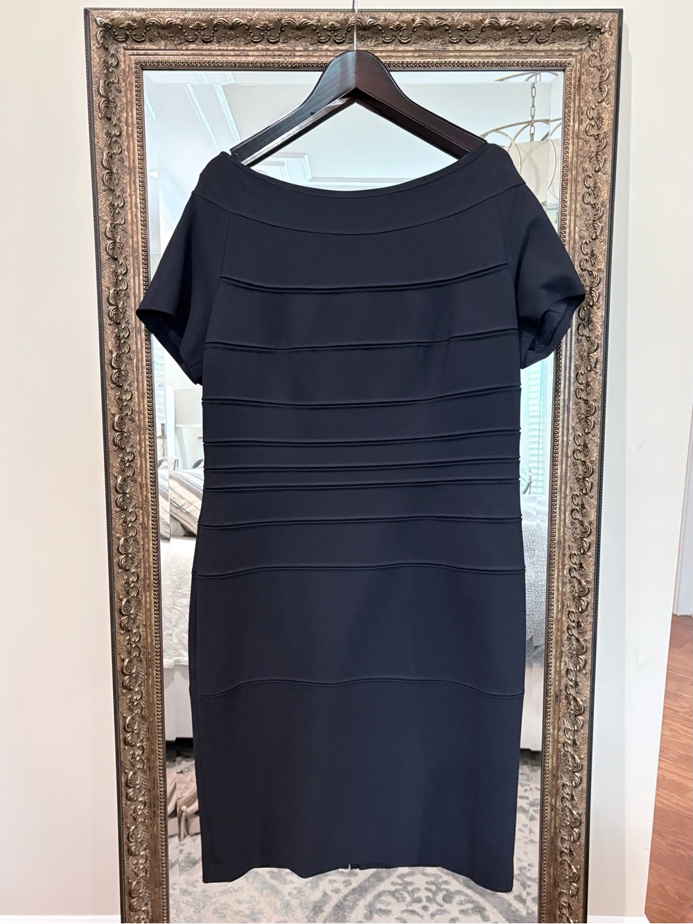 ESCADA Navy Bateau Neck Sheath Dress Gold Zip Size 46 US 16